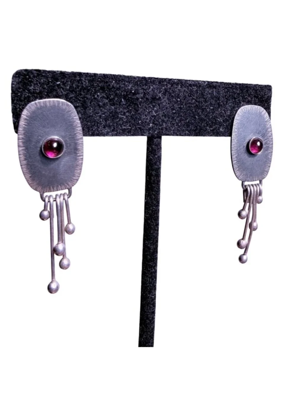 Handcrafted Oxidized Silver Dangle Earrings Red Stone Accent Modern Abstract